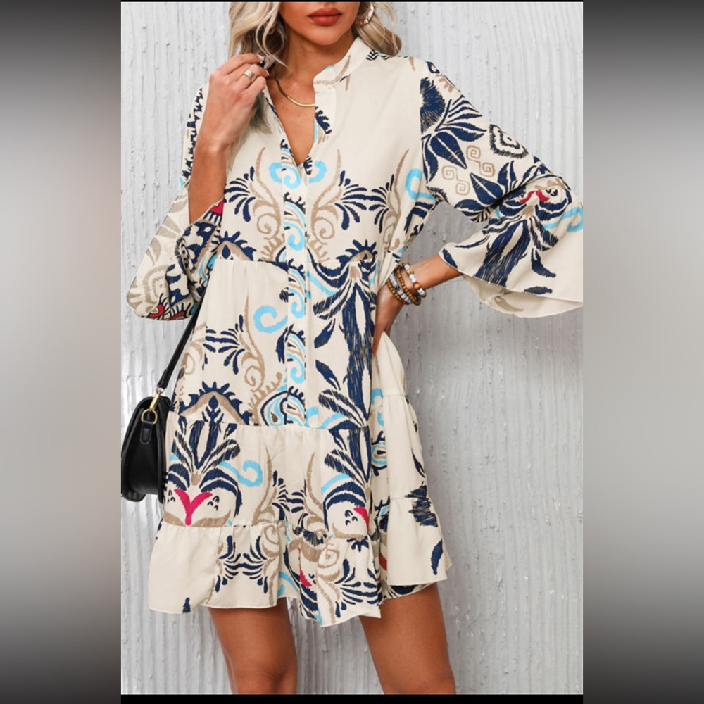 1017. Tribal print button front tiered dress in white blue